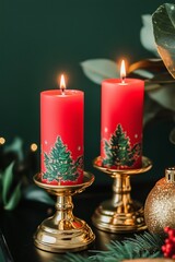 two tall red christmas candles with small green tree decorations print on the candles, elegant gold 