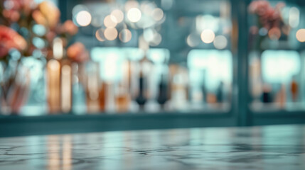 Poster - Empty marble table top with blurred bar restaurant background