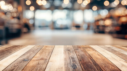 Poster - Empty wooden tabletop with blurred restaurant background providing copy space for product placement
