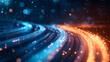 © horizon - Glowing fiber optic cables with curved light streams in blue and teal, abstract technology background, digital network concept, high-tech communication visualization, macro photography.