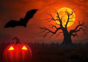 Halloween' Day with orange pumpkin, black bat, dead tree and big orange moon.