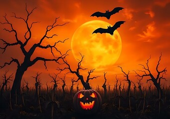 Halloween' Day with orange pumpkin, black bat, dead tree and big orange moon.