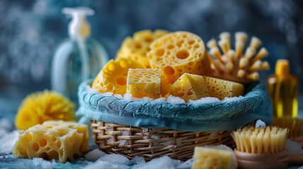 Wicker basket full of natural sponges, with soap, bath salts and brushes in the background, evoking the concept of body care