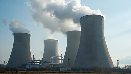 Industrial cooling tower with steam and pipes at power plant