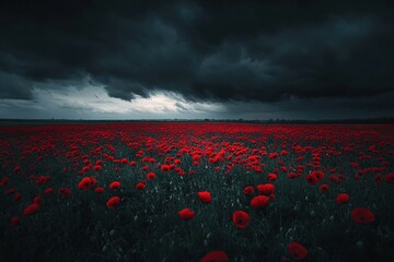 Wall Mural - armistice day. remembrance of veterans with red poppies in dramatic nature setting