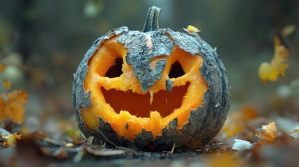 Halloween pumpkin with eyes and mouth pecked out by birds, autumn forest or park