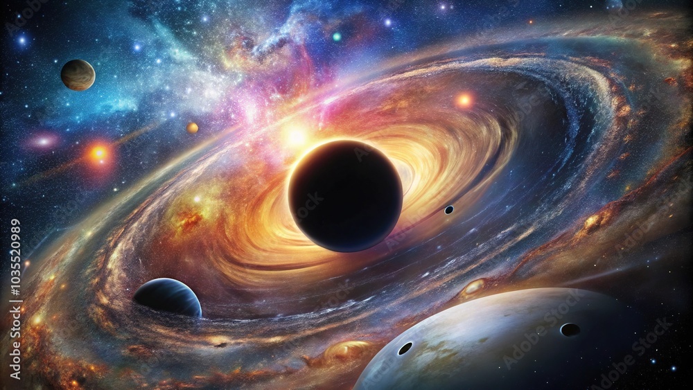 A massive black hole in the center of a galaxy with stars and planets ...