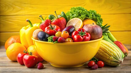 A close-up shot of a bright yellow fruit bowl filled with various fruits and vegetables, organic, vegetable