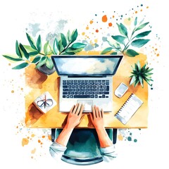 Poster - Watercolor Illustration of a Laptop  Hands Typing  Plants and Notebook on a Desk