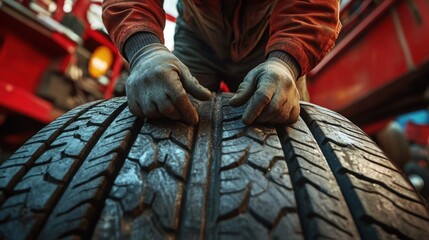 Mechanic's hands gripping a brand-new truck tire inside a workshop, set against a vibrant red backdrop, changing between winter and summer tires.