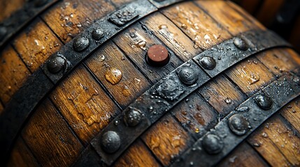 Close-up of an old wooden barrel with metal bands and water droplets.