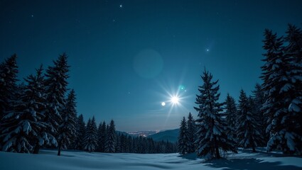 Winter night scene with full moon snowy pine trees and twinkling lights in distance