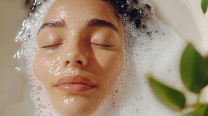 Aufkleber - A woman with closed eyes finds serenity in a bubble bath, her face softly illuminated by warm light. Green leaves surround her, enhancing the peaceful atmosphere and emphasizing relaxation.