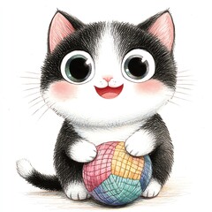 Cute black and white kitten with large eyes, happily playing with a colorful ball, perfect for pet lovers and children's illustrations.