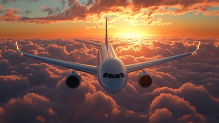 Modern airliner cruising above fluffy clouds, illuminated by the final rays of sunset, portraying the future of business trips and global holiday destinations.