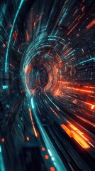 Fototapete - A vibrant digital tunnel swirling with lights, showcasing a futuristic concept of speed and technology in motion.