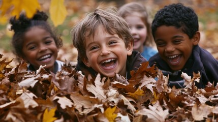 A group of children from different cultural backgrounds plays in a pile of leaves, their laughter echoing through the park