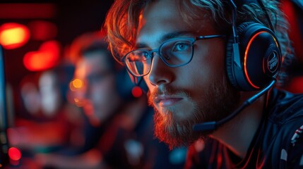 Aufkleber - A dedicated gamer concentrates intently on the screen, wearing a headset and glasses, immersed in a competitive environment filled with colorful stage lighting.