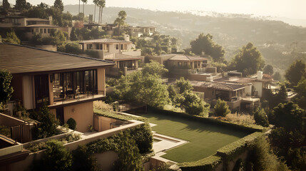 Real Estate - A scenic view of luxury homes on a hillside with lush greenery and distant mountains.