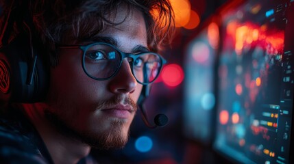 Poster - A young man with glasses and headphones intensely engages with his computer, surrounded by vibrant lighting that enhances the gaming atmosphere.
