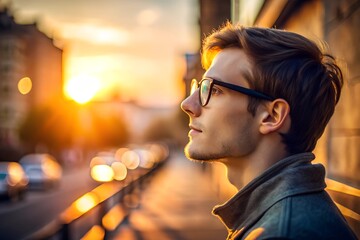 Wall Mural - An artsy side profile view of a person wearing glasses, captured in a warm golden light, expressing contemplation and the serenity of a sunset moment in an urban setting.