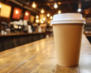 Coffee cup sitting on top of a wooden table - Food and Drink