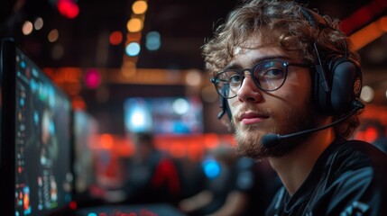 Aufkleber - A dedicated young gamer wears a headset while concentrating on the screen, embodying the competitive spirit of esports in a vibrant and energetic arena.