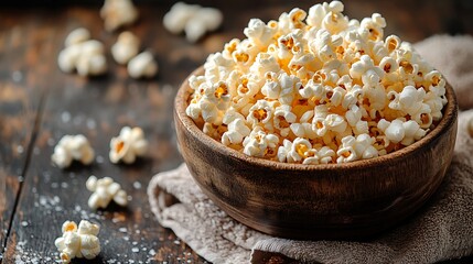 Wall Mural - Bowl of freshly popped popcorn on a rustic wooden table.