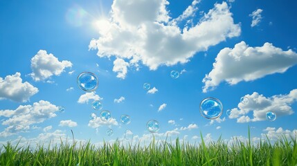 Wall Mural - beautiful summer background with a blue sky, white clouds, and soap bubbles.
