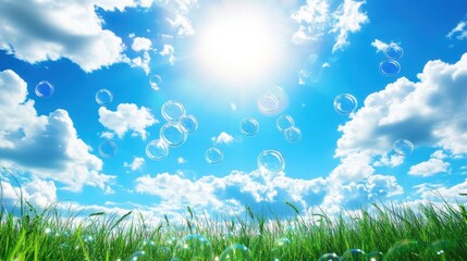 Wall Mural - beautiful summer background with a blue sky, white clouds, and soap bubbles.