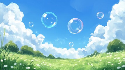Wall Mural - beautiful summer background with a blue sky, white clouds, and soap bubbles.