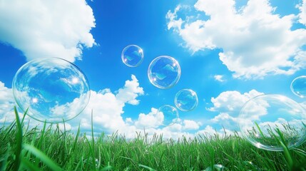 Wall Mural - beautiful summer background with a blue sky, white clouds, and soap bubbles.