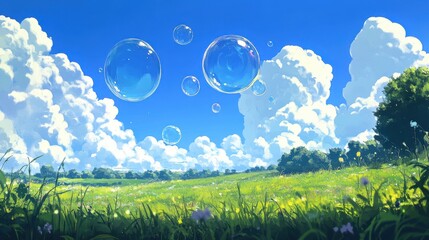 Wall Mural - beautiful summer background with a blue sky, white clouds, and soap bubbles.