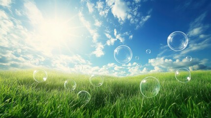 Wall Mural - beautiful summer background with a blue sky, white clouds, and soap bubbles.