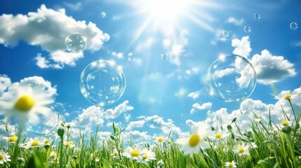 Wall Mural - beautiful summer background with a blue sky, white clouds, and soap bubbles.