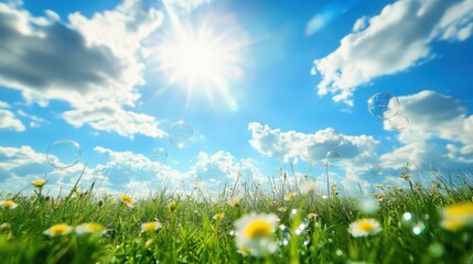 Wall Mural - beautiful summer background with a blue sky, white clouds, and soap bubbles.