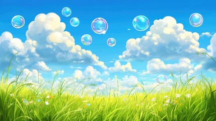 Wall Mural - beautiful summer background with a blue sky, white clouds, and soap bubbles.