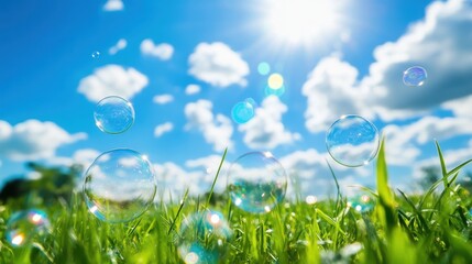 Wall Mural - beautiful summer background with a blue sky, white clouds, and soap bubbles.