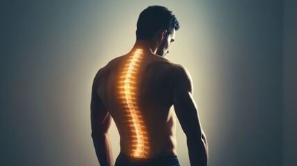 Poster - Shirtless, muscular man is standing with his back to us, his spine highlighted, suggesting he is experiencing back pain