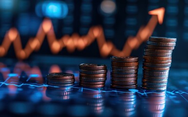 Poster - Growing Stack of Coins with Financial Chart Background
