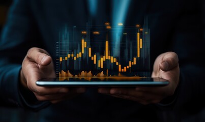 Poster - hands holding tablet with holographic financial data chart