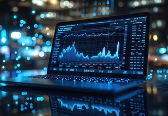 Poster - laptop displaying stock market data on luminous background