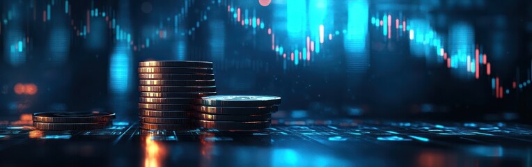 Poster - Stacked Coins with Digital Financial Chart Background