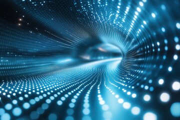 Fototapete - Blue dots create a dynamic tunnel, visualizing movement and technology in a digital space