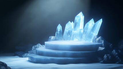 Fototapete - A serene platform is surrounded by glimmering crystals, illuminated by a soft blue light. The setting, secretive and mystical, resembles a hidden cave, evoking a tranquil atmosphere.