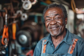 Portrait of a smiling middle aged African American car mechanic