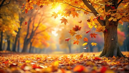 Wall Mural - Autumn leaves falling to the ground with orange and yellow trees in the background