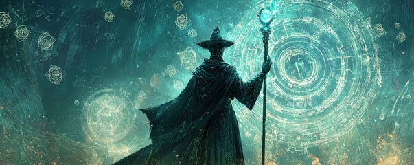 Mystical wizard casting spells in a magical realm, surrounded by glowing symbols and ancient swirling energies in a fantasy setting.