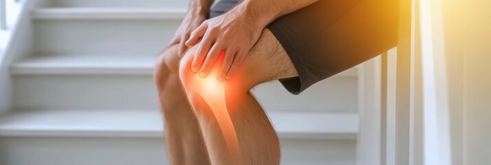 Poster - Man holding knee in pain, possibly due to injury or medical condition. Image shows discomfort and suffering, indicating need for medical attention