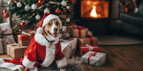 Wall Mural - Dog in a Santa Claus costume is sitting next to a Christmas tree, fireplace and a bunch of gift boxes. New Year Christmas concept.